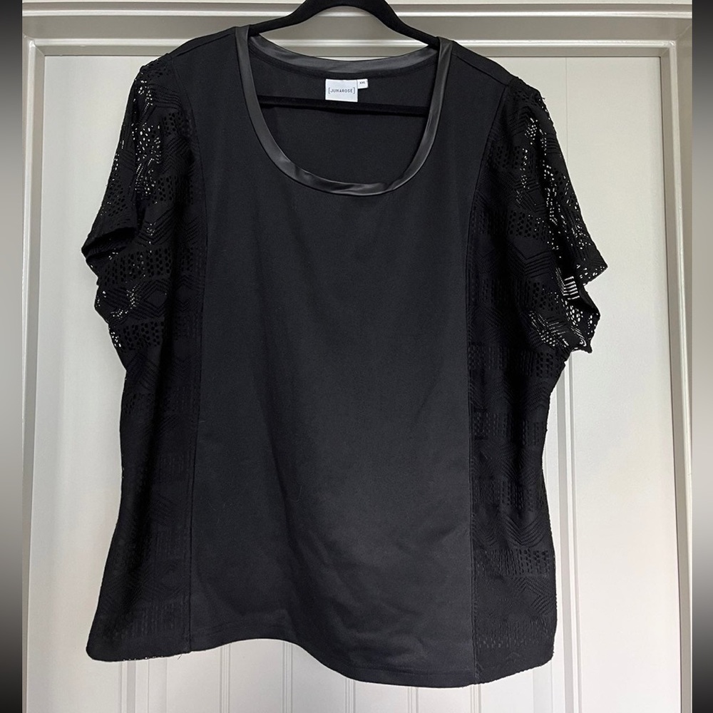 Lace Short Sleeve Pleather Trim Shirt Junarose